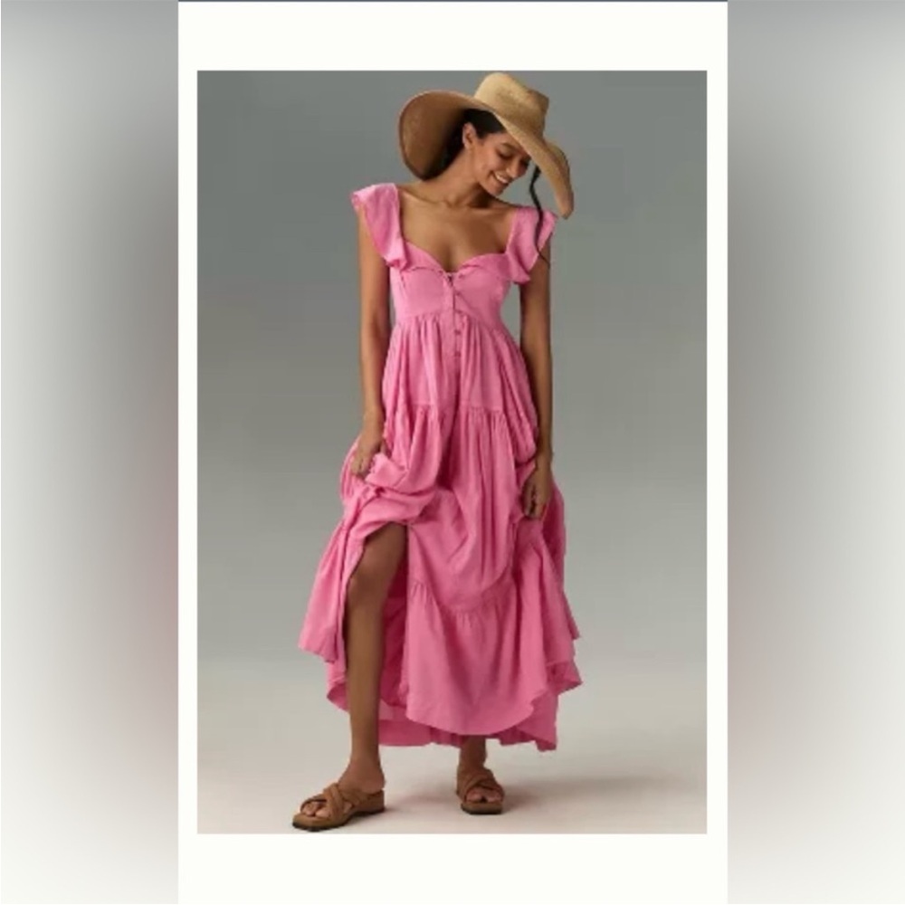 Anthropologie Pilcro Flutter Sleeve Tiered Dress Pink Maxi Button Front XL NEW - Picture 9 of 13